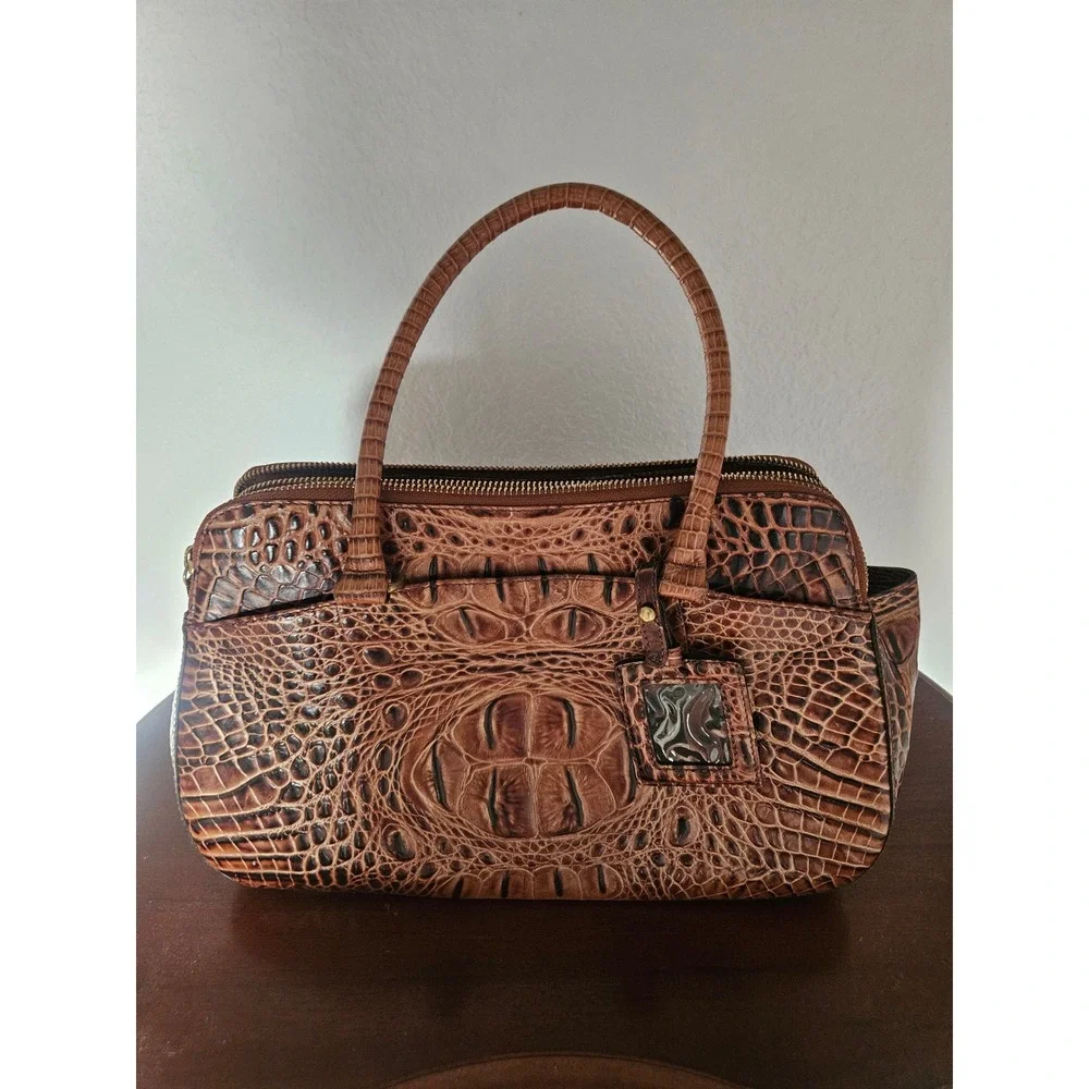 Brahmin Satchel Women Medium Pecan Brown Good Croc Embossed Leather Handbag